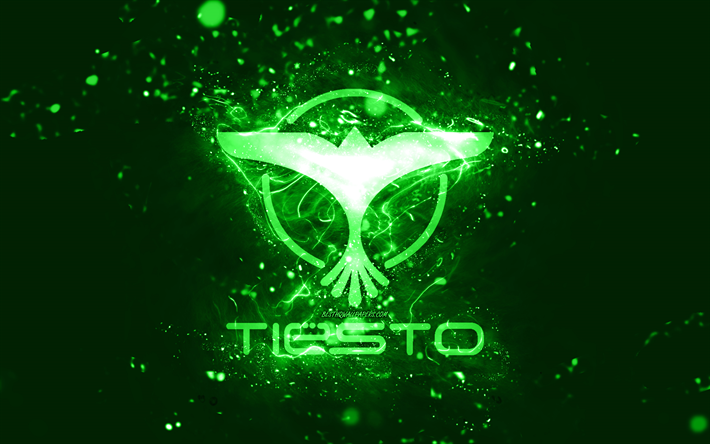 Tiesto green logo, 4k, Dutch DJs, green neon lights, creative, green abstract background, DJ Tiesto logo, Tijs Michiel Verwest, Tiesto logo, music stars, DJ Tiesto