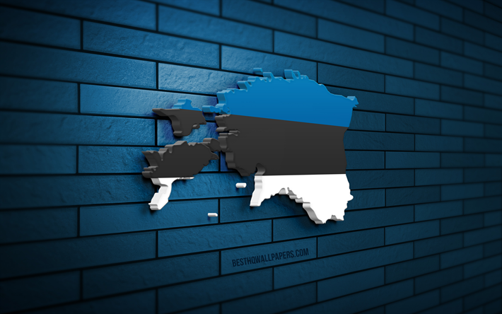 l estonie carte, 4k, bleu brickwall, les pays europ&#233;ens, l estonie carte silhouette, l estonie drapeau, l europe, drapeau estonien, l estonie, le drapeau de l estonie, l estonie carte 3d