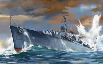 USS Southerland, DD-743, American destroyer, United States Navy, Gearing-class destroyer, World War II, drawings of warships, USA