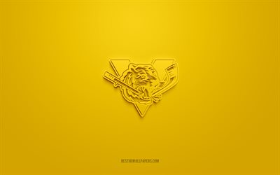 Victoriaville Tigres, creative 3D logo, yellow background, QMJHL, Canadian hockey team, USL League One, Quebec, Canada, 3d art, hockey, Victoriaville Tigres 3d logo