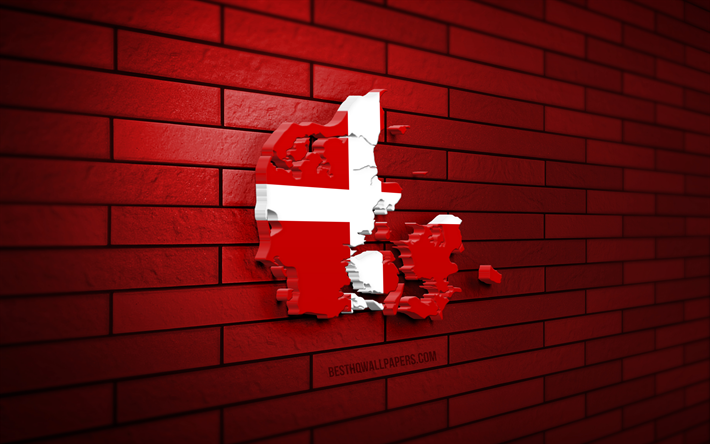 Denmark map, 4k, red brickwall, European countries, Denmark map silhouette, Denmark flag, Europe, Danish map, Danish flag, Denmark, flag of Denmark, Danish 3D map