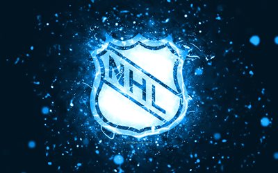 nhl blaues logo, 4k, blaue neonlichter, national hockey league, blauer abstrakter hintergrund, nhl-logo, automarken, nhl