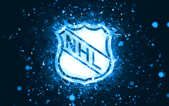 NHL blue logo, 4k, blue neon lights, National Hockey League, blue abstract background, NHL logo, cars brands, NHL