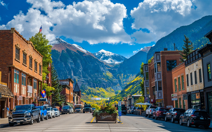 telluride, colorado avenue, montagnes de san juan, paysage de montagne, paysage urbain de telluride, colorado, &#233;tats-unis