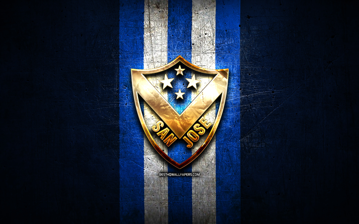 san jose fc, logo dorato, primera division boliviana, sfondo metallico blu, calcio, squadra di calcio venezuelana, logo cd san ​​jose, primera division venezuelana, cd san ​​jose