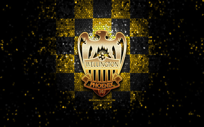 wellington phoenix ii fc, parıltılı logo, yeni zelanda futbol şampiyonası, sarı siyah damalı arka plan, futbol, ​​yeni zelanda futbol kul&#252;b&#252; wellington phoenix ii logosu, mozaik sanatı, wellington phoenix ii