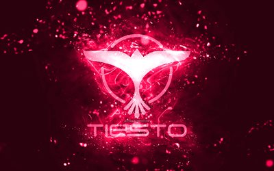Tiesto pink logo, 4k, Dutch DJs, pink neon lights, creative, pink abstract background, DJ Tiesto logo, Tijs Michiel Verwest, Tiesto logo, music stars, DJ Tiesto