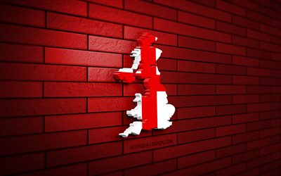 イギリスの地図, 4k, 赤レンガの壁, ヨーロッパ諸国, イギリスの地図のシルエット, イングランドの旗, ヨーロッパ, 英語の地図, 英語の旗, イングランド, イギリスの旗, 英語の3dマップ