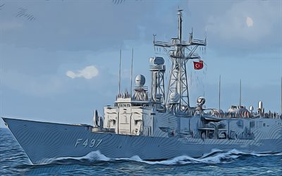 TCG Goksu, F-497, 4k, vector art, TCG Goksu drawing, Turkish Naval Forces, creative art, TCG Goksu art, F497, vector drawing, abstract ships, TCG Goksu F-497, Turkish Navy