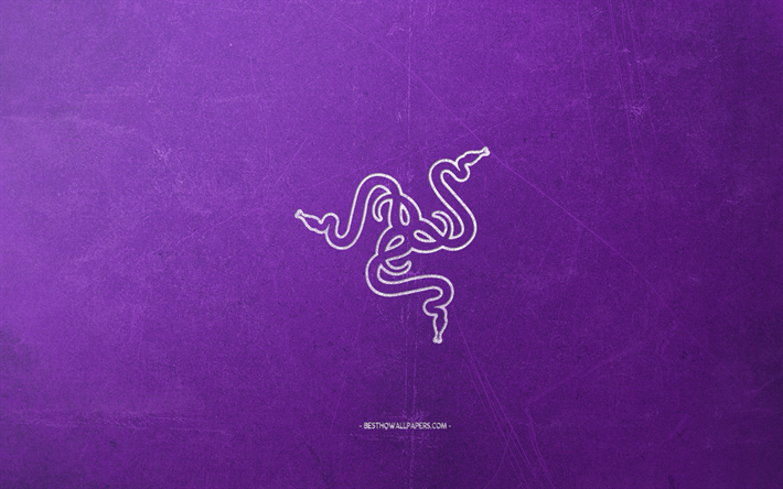 Razer logo, purple background, white chalk logo, Razer emblem, retro purple background, Razer, creative art, retro style
