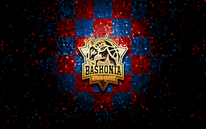 saski baskonia, glitter logotipo, acb, azul vermelho de fundo quadriculado, time de basquete espanhol, saski baskonia logotipo, arte em mosaico, basquete, baskonia vitoria-gasteiz