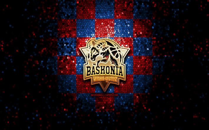 Saski Baskonia, glitter logo, ACB, blue red checkered background, spanish basketball team, Saski Baskonia logo, mosaic art, basketball, Baskonia Vitoria-Gasteiz