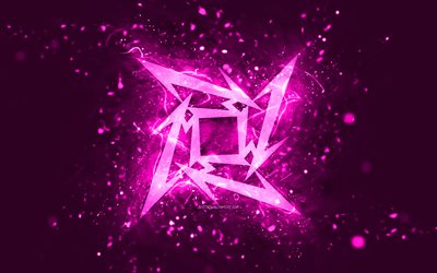 logotipo púrpura de metallica, 4k, luces de neón púrpura, creativo, fondo abstracto púrpura, logotipo de metallica, estrellas de la música, metallica
