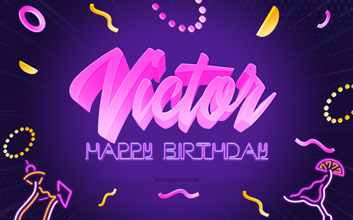 お誕生日おめでとうビクター, 4k, 紫のパーティーの背景, ビクター, クリエイティブアート, ビクターの誕生日おめでとう, ビクター名, ビクターの誕生日, 誕生日パーティーの背景
