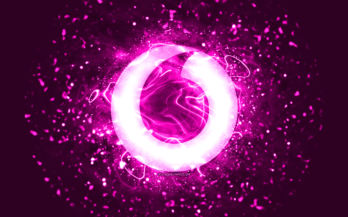 Vodafone purple logo, 4k, purple neon lights, creative, purple abstract background, Vodafone logo, brands, Vodafone