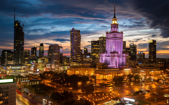 Warsaw, Zlota 44, evening, Collegium Civitas, Warsaw cityscape, Warsaw panorama, Poland