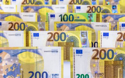 200 يورو عملات ورقية, الخلفية مع اليورو, خلفية المال, 200 يورو, المالية, مال, خلفية 200 يورو