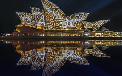 Sydney Opera House, Ilumina&#231;&#227;o, noite, australiano atra&#231;&#227;o, teatro, Sydney, Austr&#225;lia
