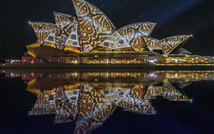 Sydney Opera House, Belysning, natt, australiska attraktion, teater, Sydney, Australien
