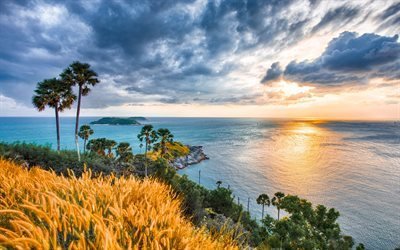 Phuket, il tramonto, le onde, Thailandia, Oceano Indiano, Mare delle Andamane, il Capo di Ballo Thep