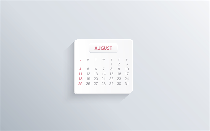 2019 agosto Calendario, minimalismo, sfondo grigio, in calendario per il mese di agosto 2019, stile flat