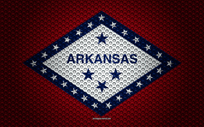 Amerika Devletleri Arkansas bayrağı, 4k, Amerikan devleti, yaratıcı sanat, metal mesh dokusu, Arkansas bayrak, ulusal sembol, Arkansas, ABD bayrakları