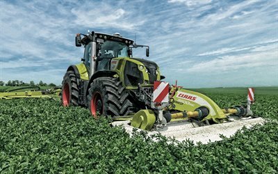 CLAAS AXION 800, new tractor, modern agricultural machinery, harvesting alfalfa, CLAAS, alfalfa field