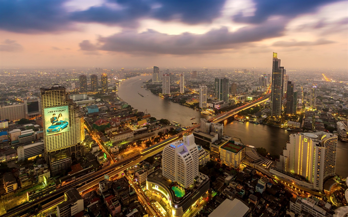 Bangkok, panorama city, metropol, morgon, soluppg&#229;ng, Thailand