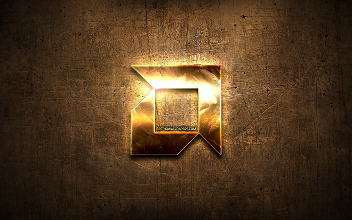 AMD golden logo, artwork, brown metal background, creative, AMD logo, brands, AMD