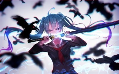 Hatsune Miku with sword, 4k, Vocaloid Characters, artwork, Miku Hatsune, manga, Vocaloid, Hatsune Miku