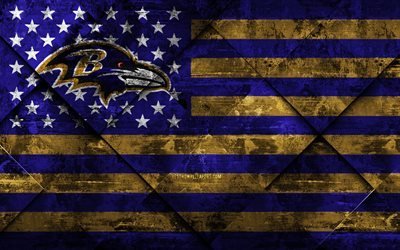 Baltimore Ravens, 4k, American football club, grunge art, grunge texture, American flag, NFL, Baltimore, Maryland, USA, National Football League, USA flag, American football