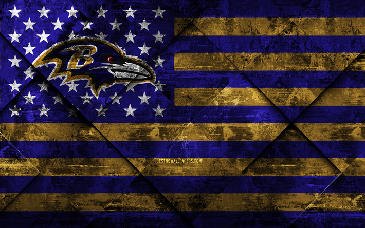 Baltimore Ravens, 4k, American football club, grunge art, grunge tekstuuri, Amerikan lippu, NFL, Baltimore, Maryland, USA, National Football League, USA lippu, Amerikkalainen jalkapallo