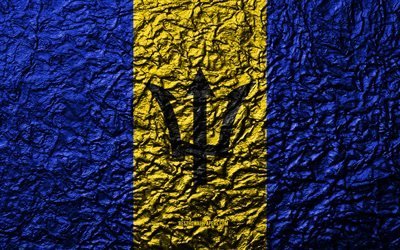 Flag of Barbados, 4k, stone texture, waves texture, Barbados flag, national symbol, Barbados, North America, stone background