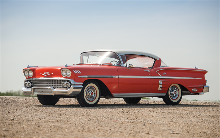 chevrolet bel air impala, 1958, klassische amerikanische autos, retro cars, rot retro-coupe, bel air, chevrolet