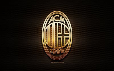 Milan FC, glitter logo, Serie A, italian football club, metal grid background, Milan glitter logo, football, soccer, AC Milan, Italy