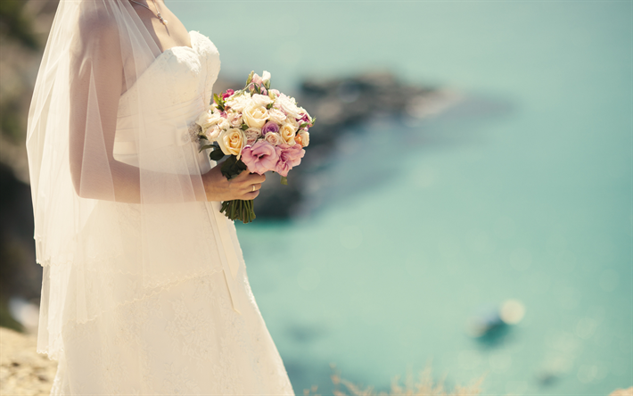 bride, wedding dress, wedding bouquet in hand, roses, wedding concepts