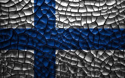 Bandera de Finlandia, 4k, agrietado suelo, Europa, bandera, arte 3D, Finlandia, los pa&#237;ses Europeos, los s&#237;mbolos nacionales, Finlandia 3D de la bandera