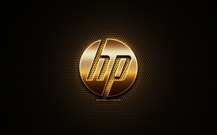 hp glitter logo, hewlett-packard, metall gitter hintergrund, hp 3d logo, marken, hp
