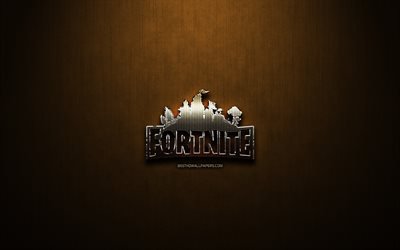 Fortnite glitter logo, creative, bronze metal background, games logo, Fortnite logo, brands, Fortnite