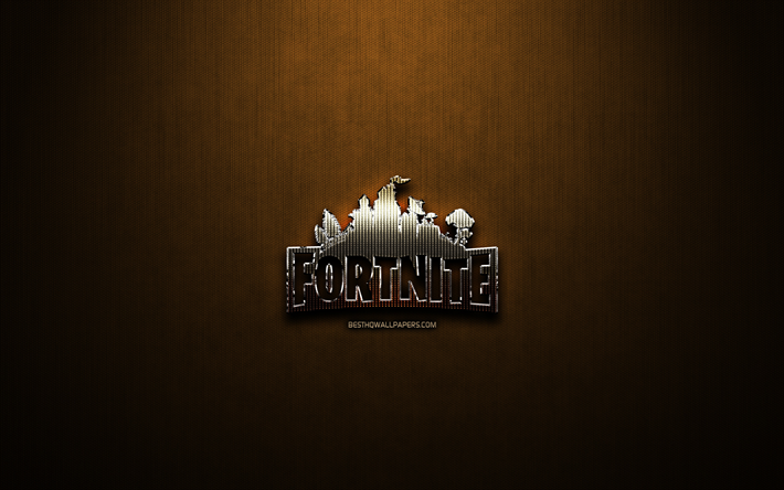 Fortnite glitter logo, creative, bronze metal background, games logo, Fortnite logo, brands, Fortnite