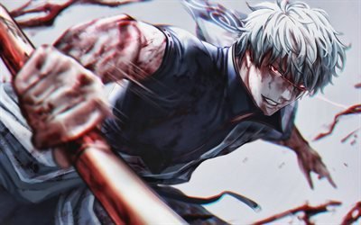Sakata Gintoki, red eyes, battle, manga, protagonist, Gintama, samurai, Gintama series, sword