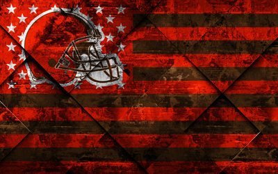 Cleveland Browns, 4k, American football club, grunge art, grunge texture, American flag, NFL, Cleveland, Ohio, USA, National Football League, USA flag, American football
