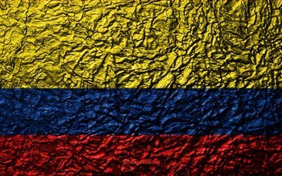 Flag of Colombia, 4k, stone texture, waves texture, Colombian flag, national symbol, Colombia, South America, stone background