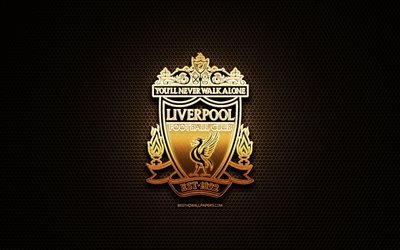 Liverpool FC, glitter logo, Premier League, english football club, metal grid background, Liverpool glitter logo, football, soccer, Liverpool, England