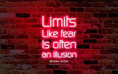 Limites, Como o medo muitas vezes &#201; uma ilus&#227;o, 4k, roxo parede de tijolos, Michael Jordan Cota&#231;&#245;es, neon texto, inspira&#231;&#227;o, Michael Jordan, cita&#231;&#245;es sobre os limites