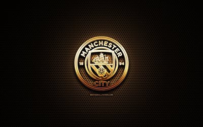 Manchester City FC, glitter logo, Premier League, english football club, metal grid background, Manchester City glitter logo, football, soccer, Manchester City, England