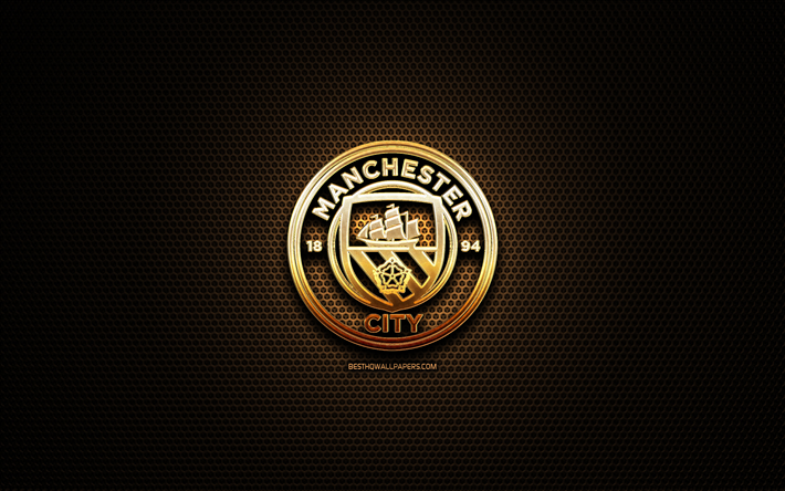 El Manchester City FC, el logotipo de brillo, de la Premier League, el club de f&#250;tbol ingl&#233;s, rejilla de metal de fondo, el Manchester City brillo del logotipo, de f&#250;tbol, de la Ciudad de Manchester, Inglaterra