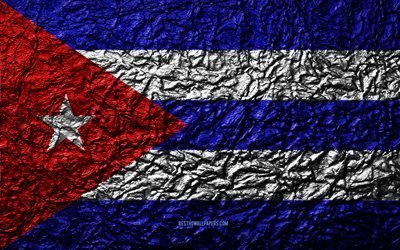 العلم كوبا, 4k, الحجر الملمس, موجات الملمس, العلم الكوبي, الرمز الوطني, كوبا, أمريكا الشمالية, الحجر الخلفية