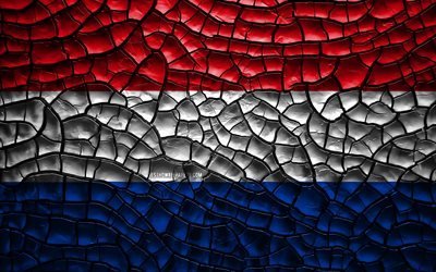 Flag of Netherlands, 4k, cracked soil, Europe, Dutch flag, 3D art, Netherlands, European countries, national symbols, Netherlands 3D flag