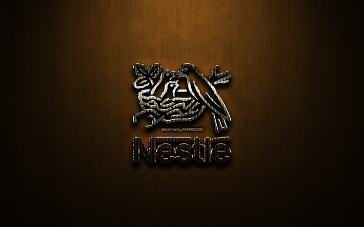 Nestle glitter logo, yaratıcı, Bronz metal arka plan, Nestle logo, marka, Nestle